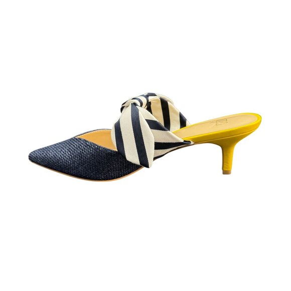 CAbi Women's Navy Blue & White Striped Bow Yellow kitten Heels Mule, Sz 8M NWOB - Picture 4 of 10
